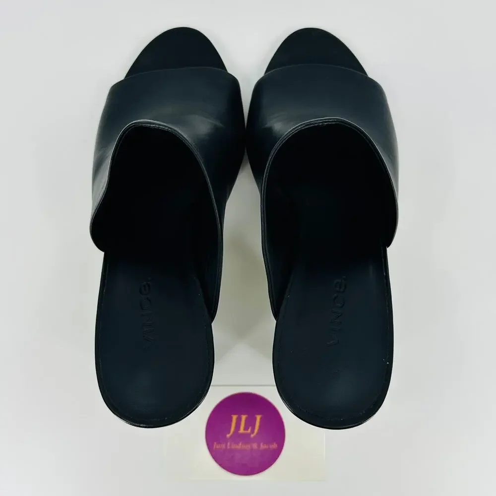 Vince Women's Hanna Black Leather Block-Heel Peep Toe Slip On Mules Size 6.5